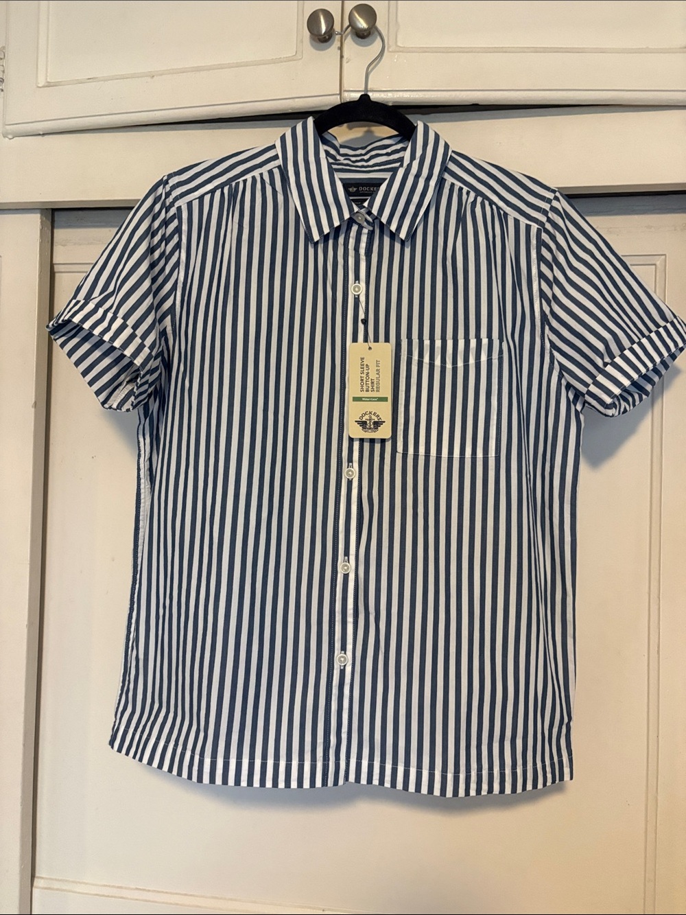 Dockers Short-Sleeve Navy & White Striped Button-Up Shirt